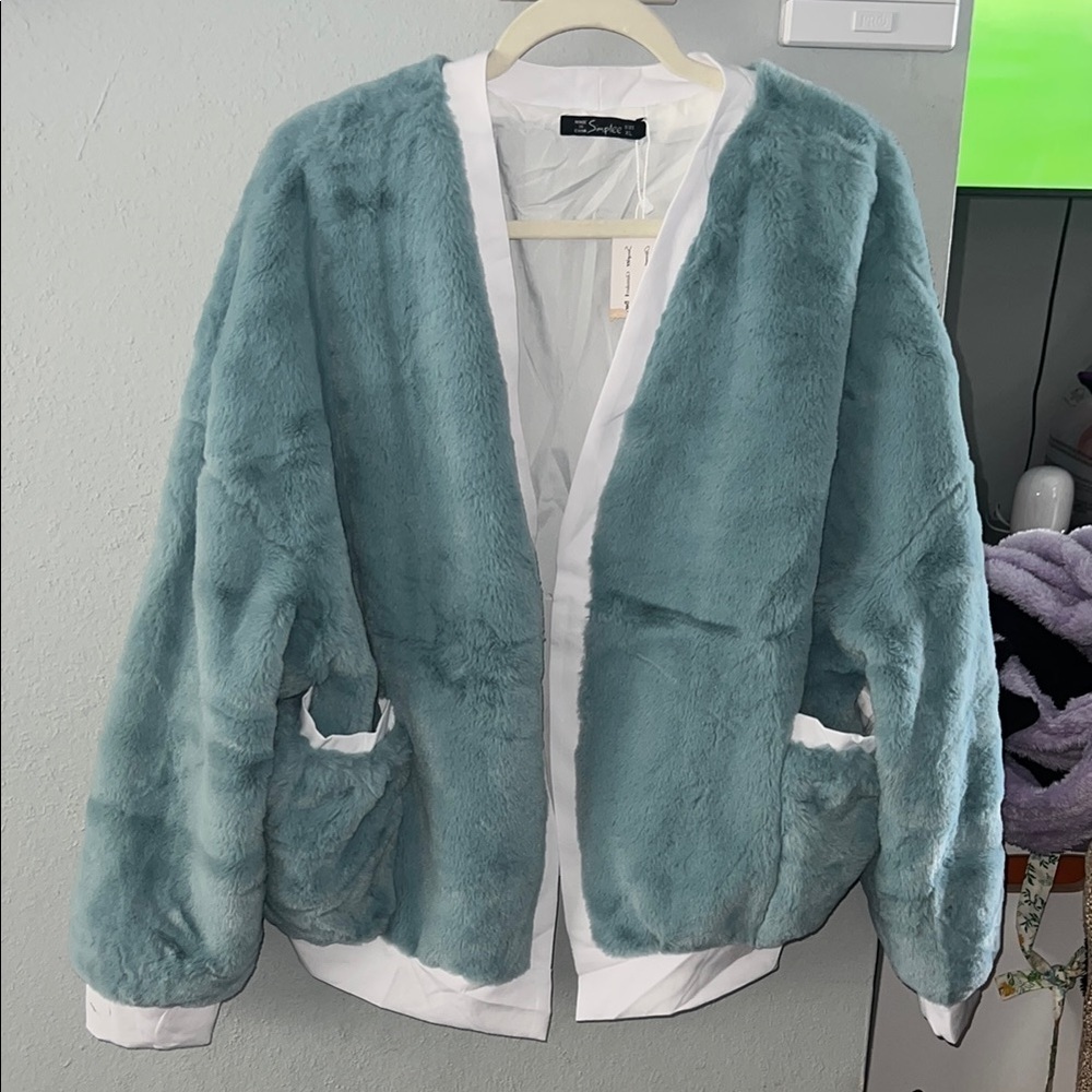 Blue and White Teddy Jacket Cozy Faux Fur
